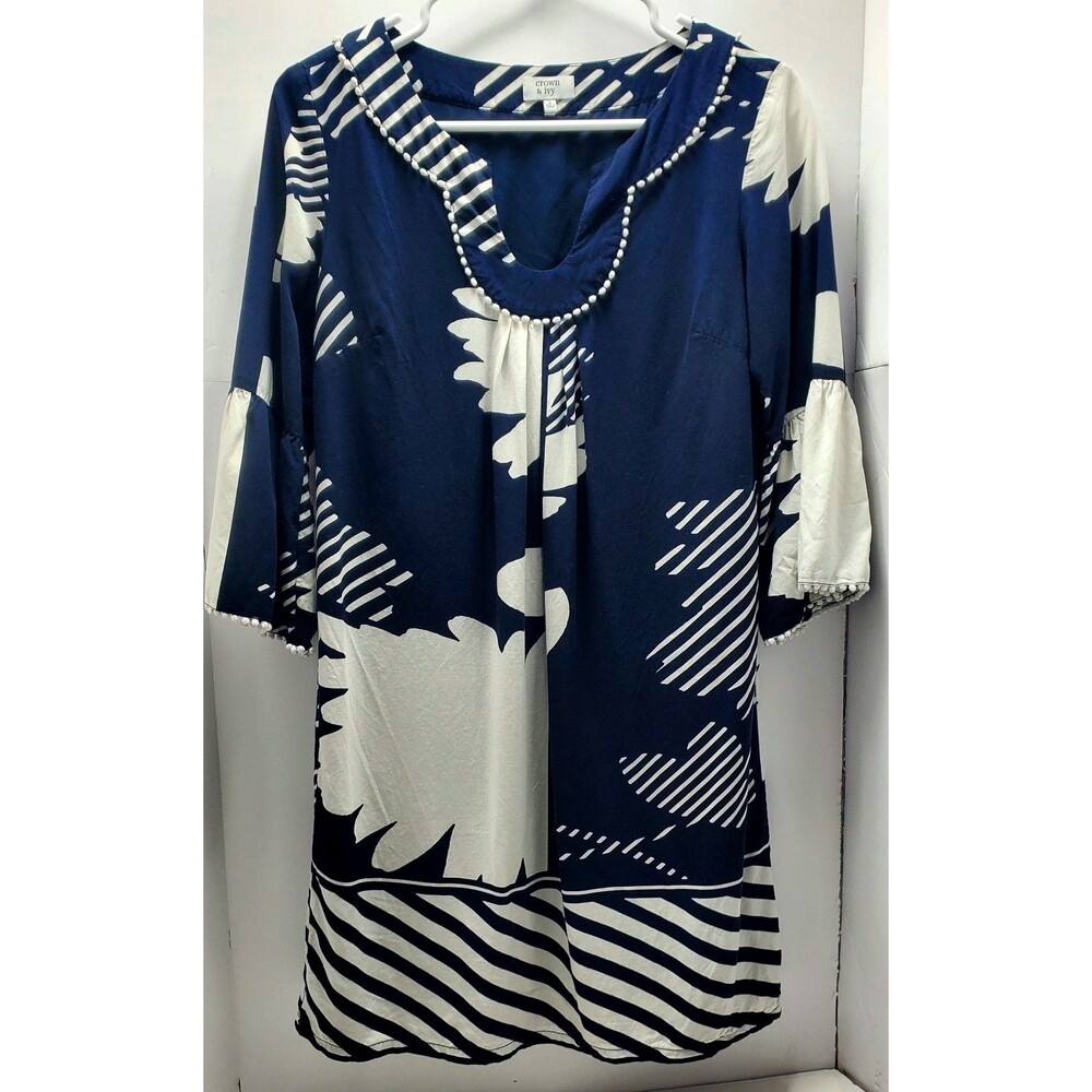 Crown & Ivy Midi Shift Dress Sz 2 Blue White Floral  Bell Sleeve Pom Neckline